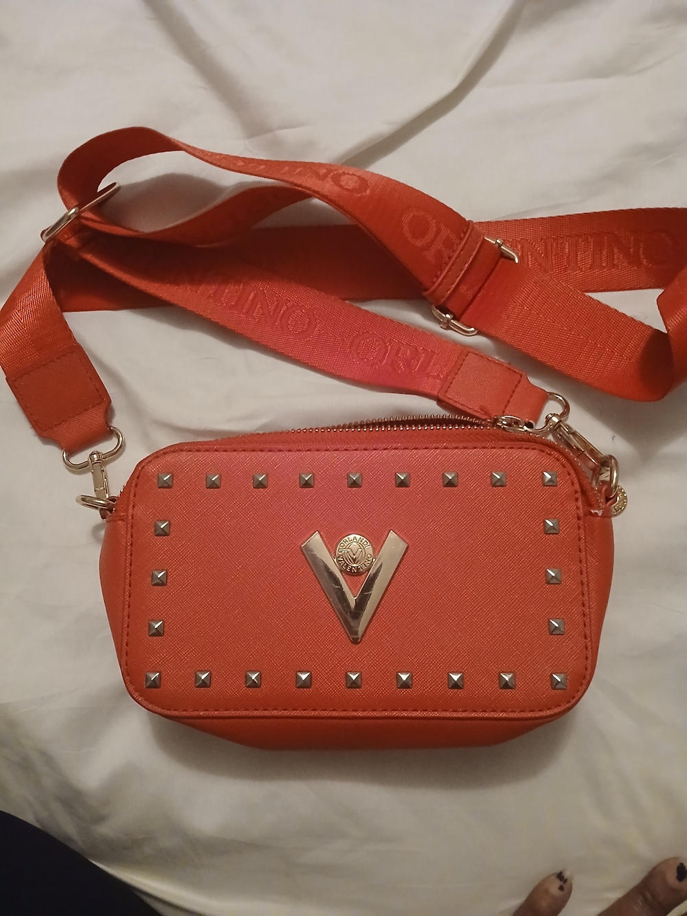 Valentino Orlandi Orange Crossbody with Gold V and Studs